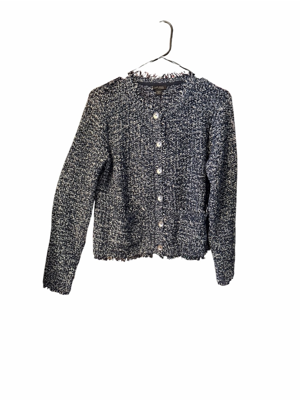 J. Jill Blue and White Textured Fringe-Trim Sweater